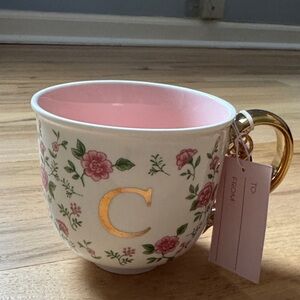 Monogrammed C Floral Pink Interior Ceramic Mug with Gold Handle and keychain